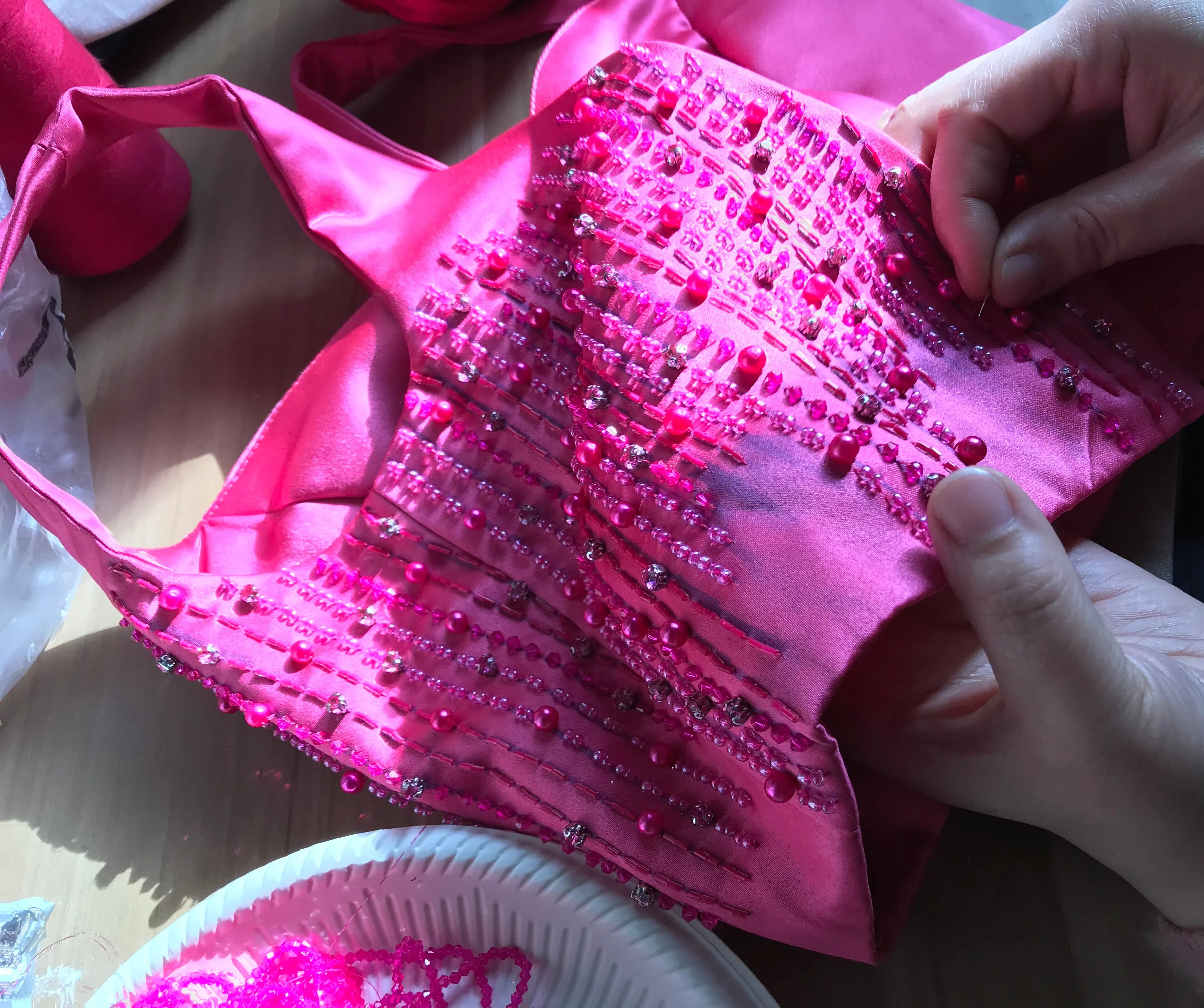 Pearls crystals rhinestones beaded hot pink crop bustier top