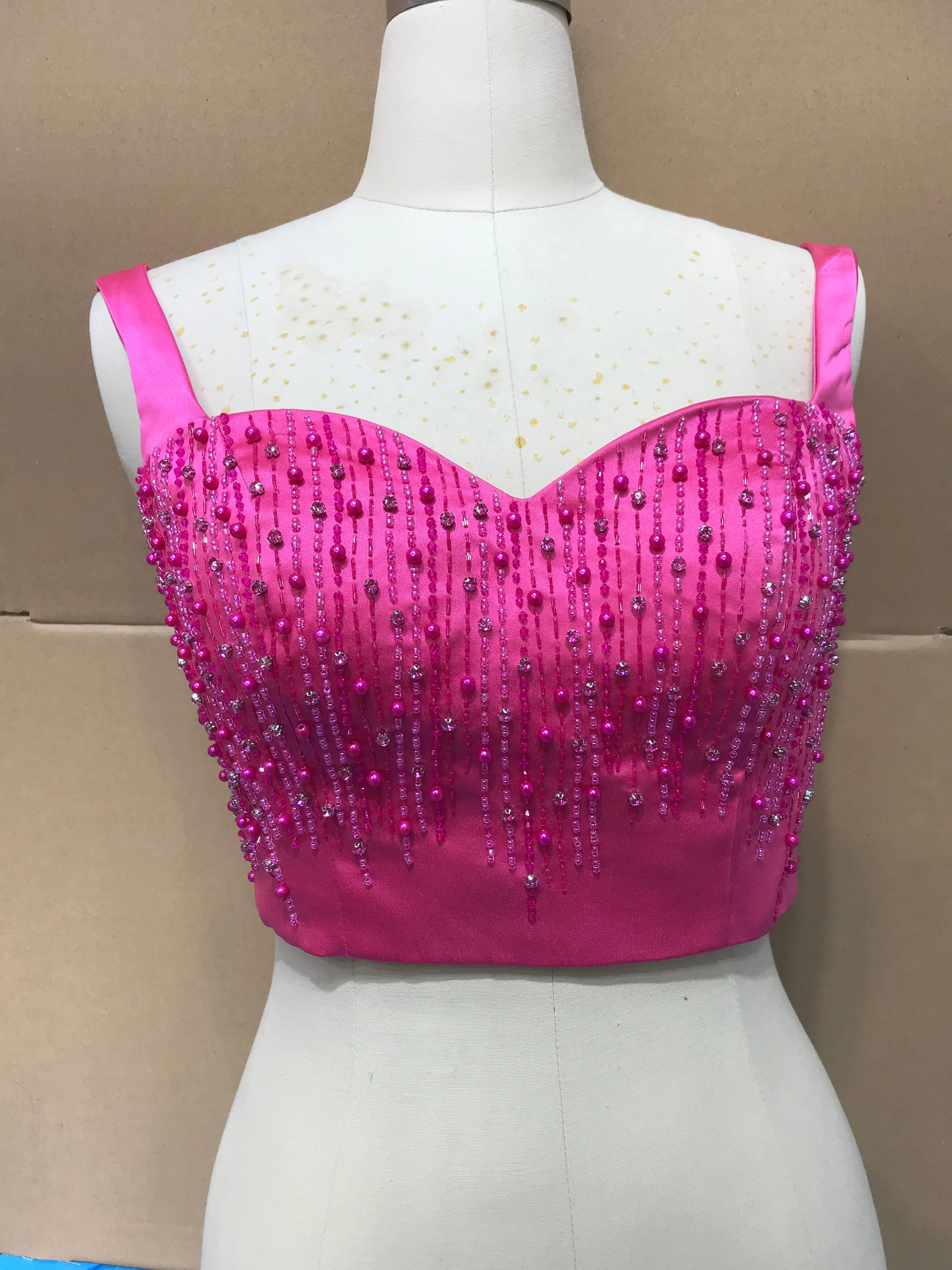 Pearls crystals rhinestones beaded hot pink crop bustier top