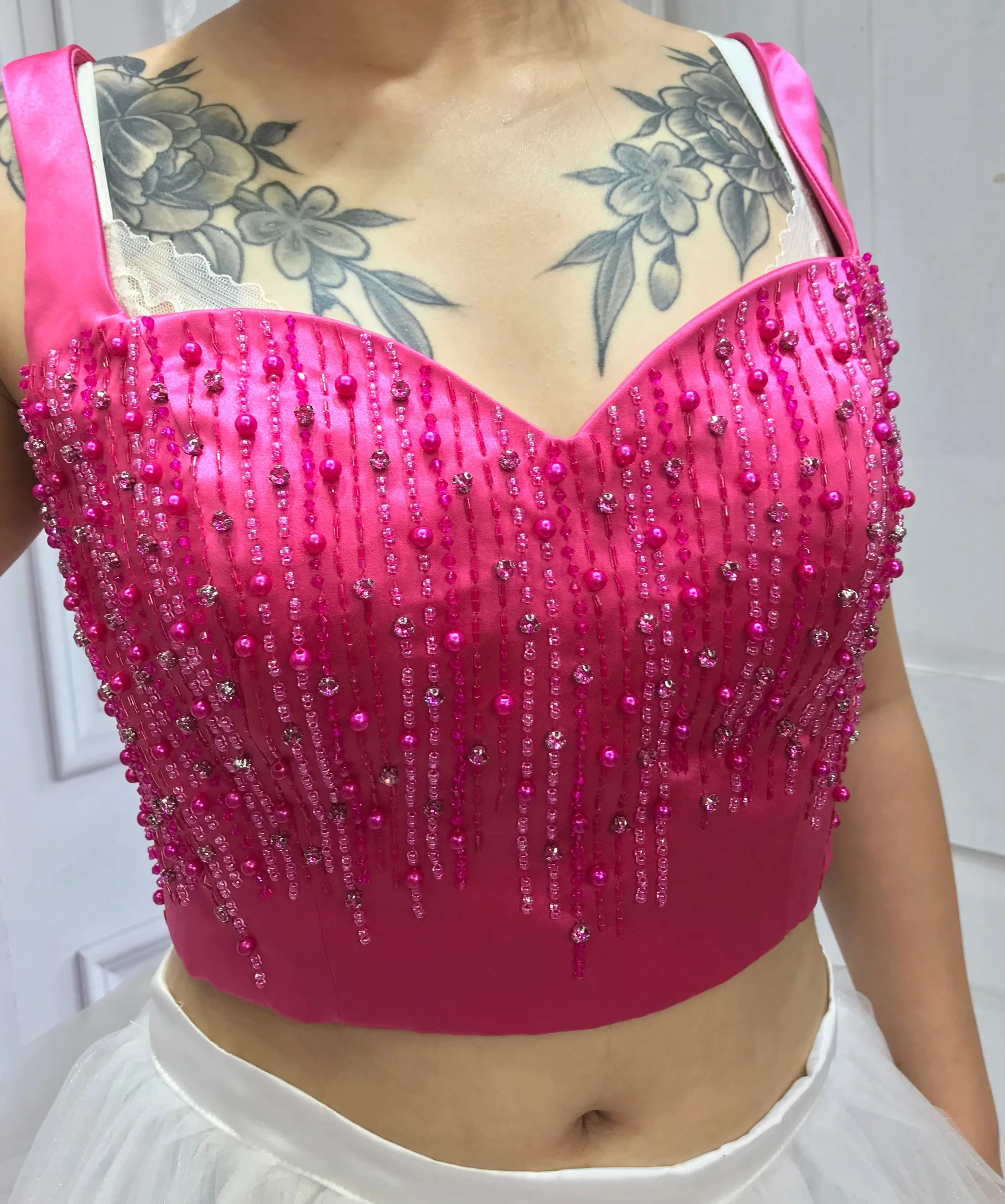 Pearls crystals rhinestones beaded hot pink crop bustier top