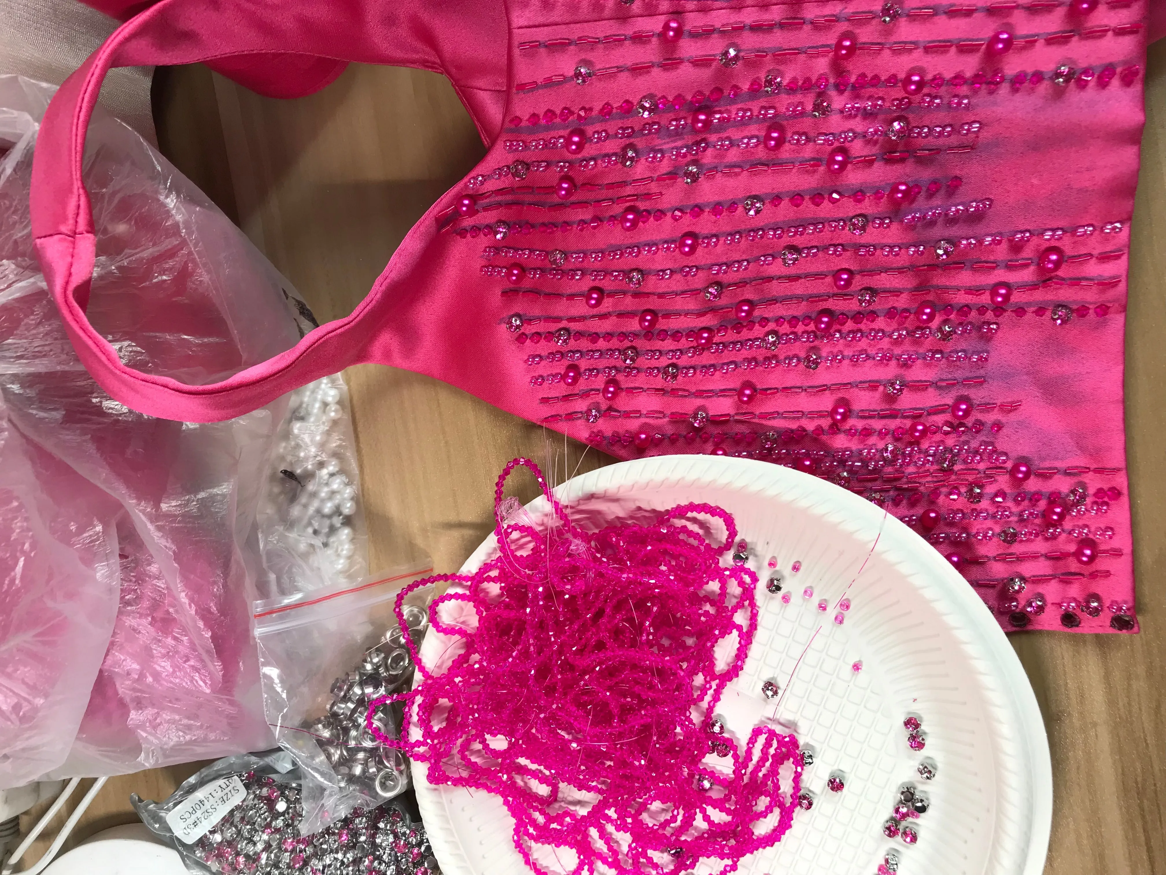 Pearls crystals rhinestones beaded hot pink crop bustier top