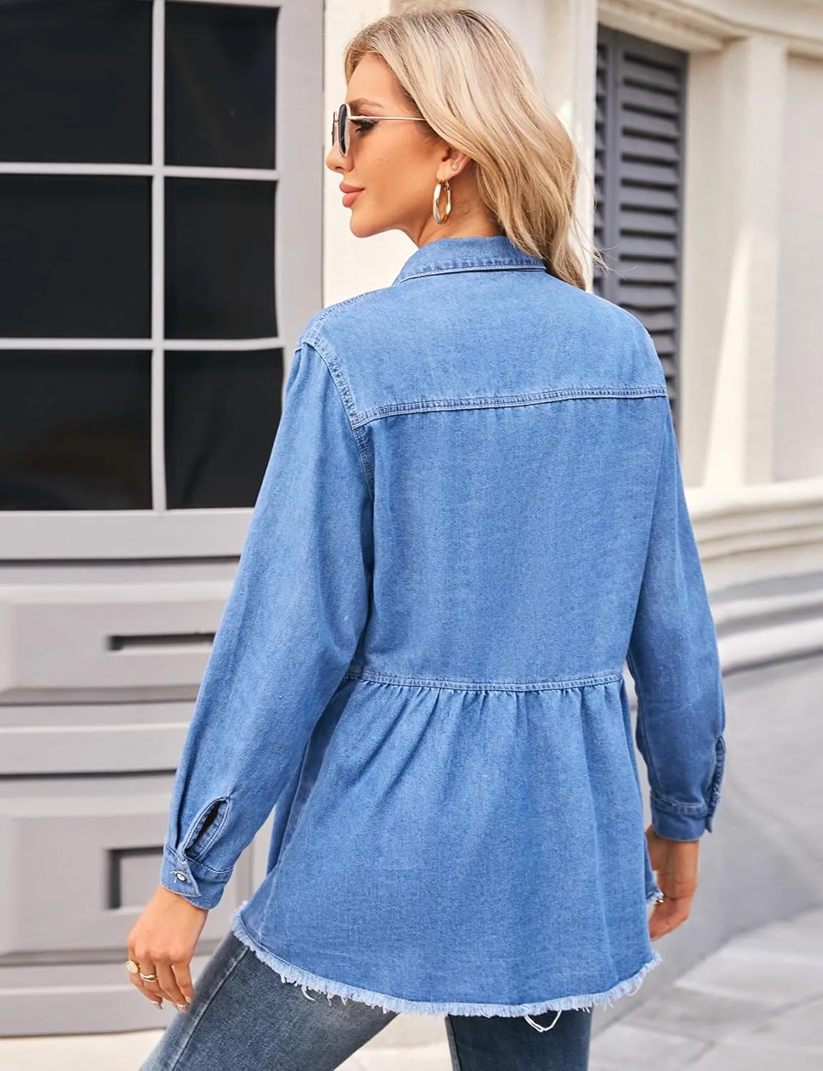 Perbai Womens Peplum Denim Shirt Collared Long Sleeve Button Down Ruffle Babydoll Jean Top
