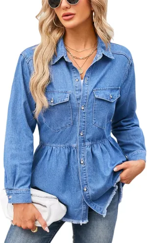 Perbai Womens Peplum Denim Shirt Collared Long Sleeve Button Down Ruffle Babydoll Jean Top