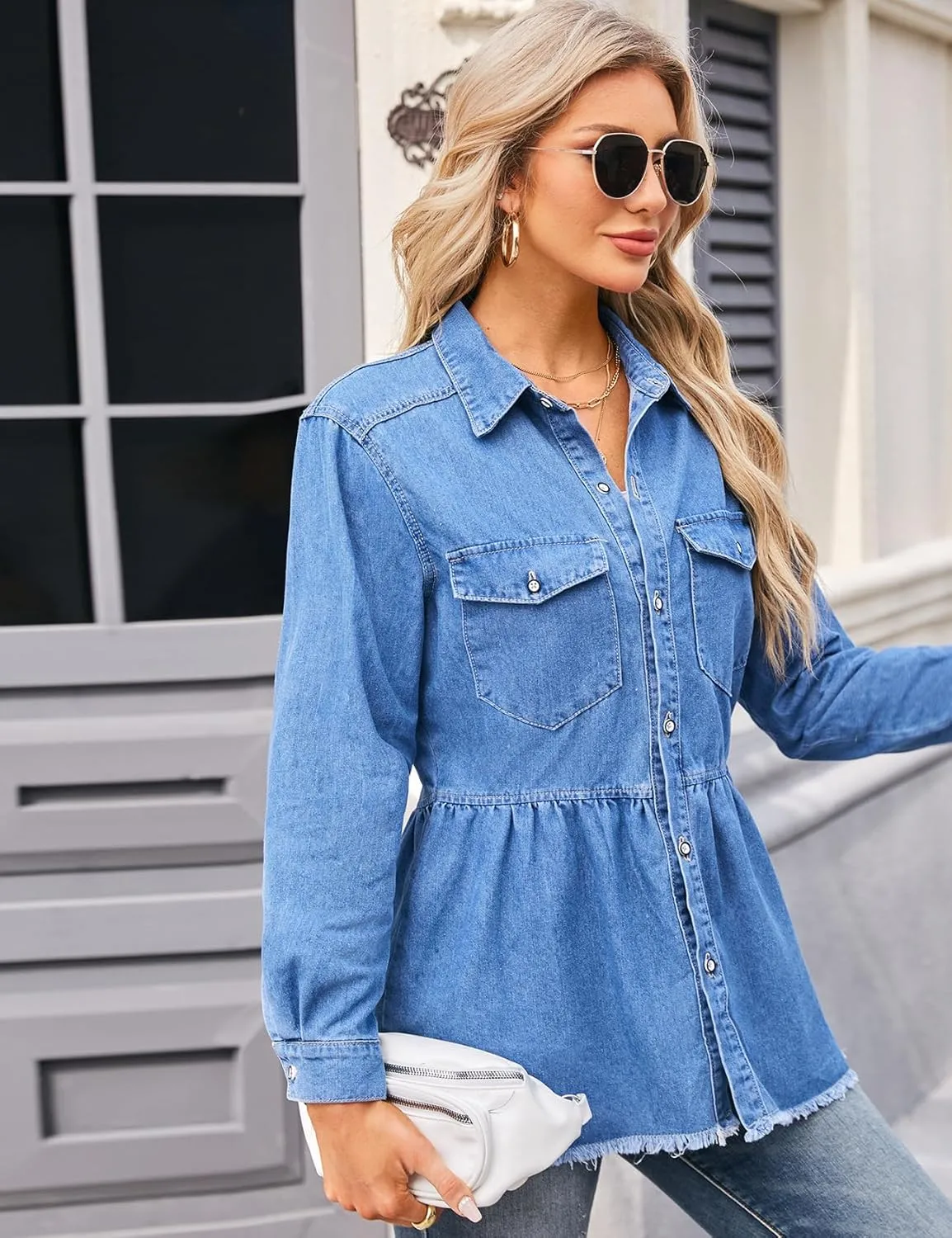Perbai Womens Peplum Denim Shirt Collared Long Sleeve Button Down Ruffle Babydoll Jean Top