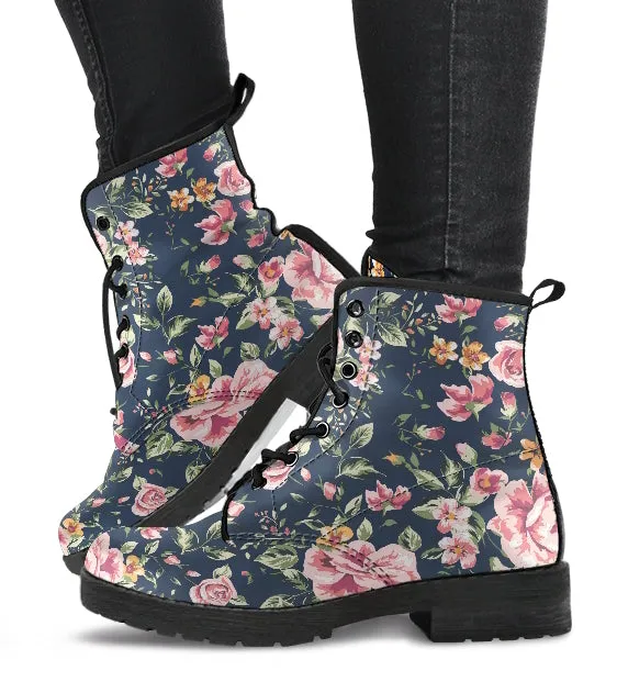 Perfect Pink Petals on Muted Blue Women's Vegan Leather Combat Boots