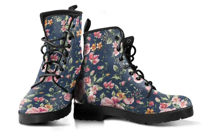 Perfect Pink Petals on Muted Blue Women's Vegan Leather Combat Boots