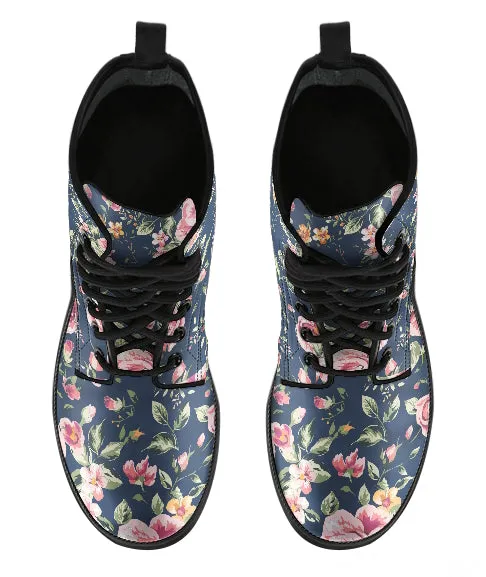 Perfect Pink Petals on Muted Blue Women's Vegan Leather Combat Boots