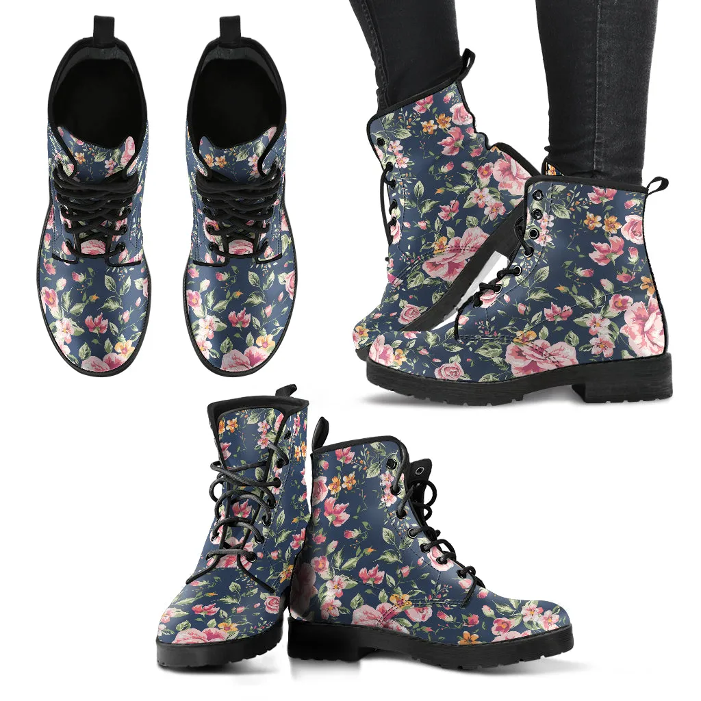 Perfect Pink Petals on Muted Blue Women's Vegan Leather Combat Boots