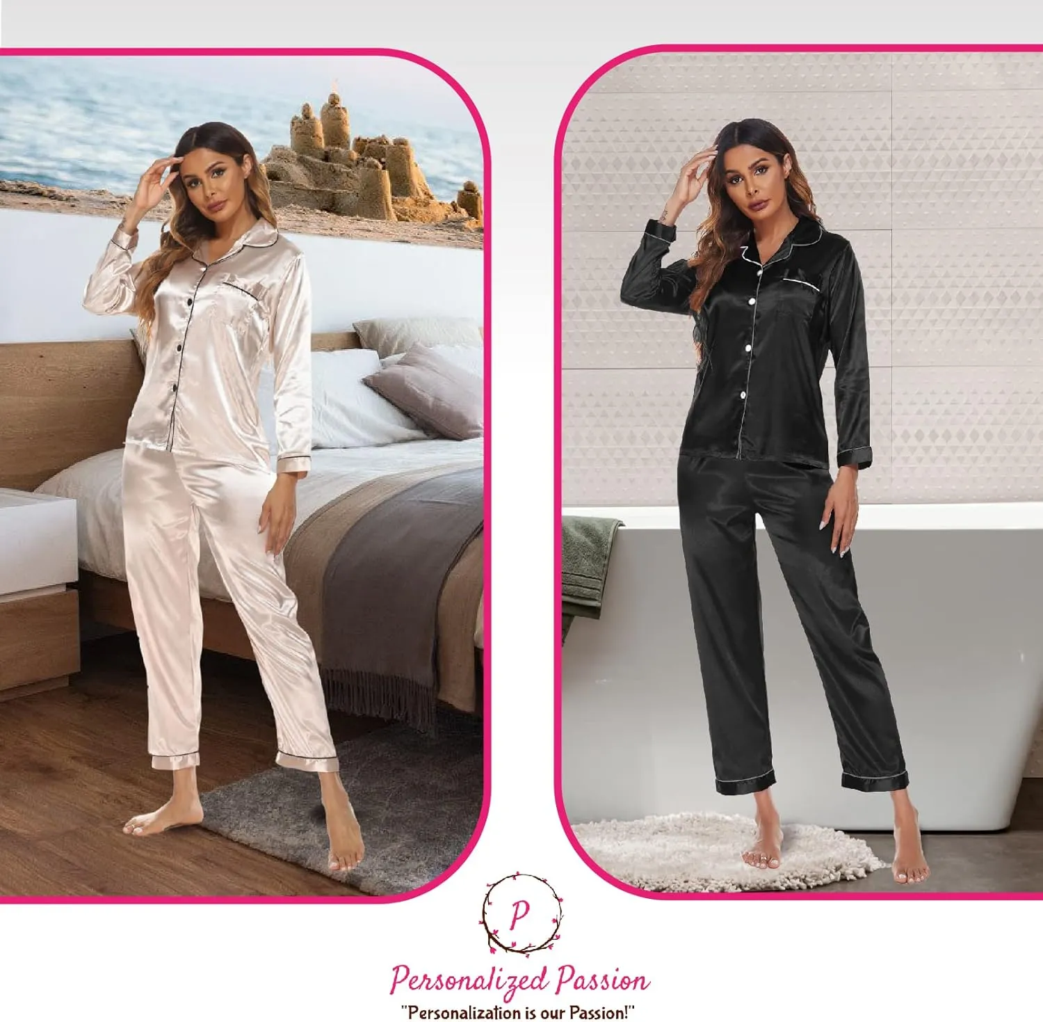 Personalized Silk Satin Pajama Set for Women - Add Your Name on Front and Back - Long Sleeve Sleepwear Pajamas for Girls