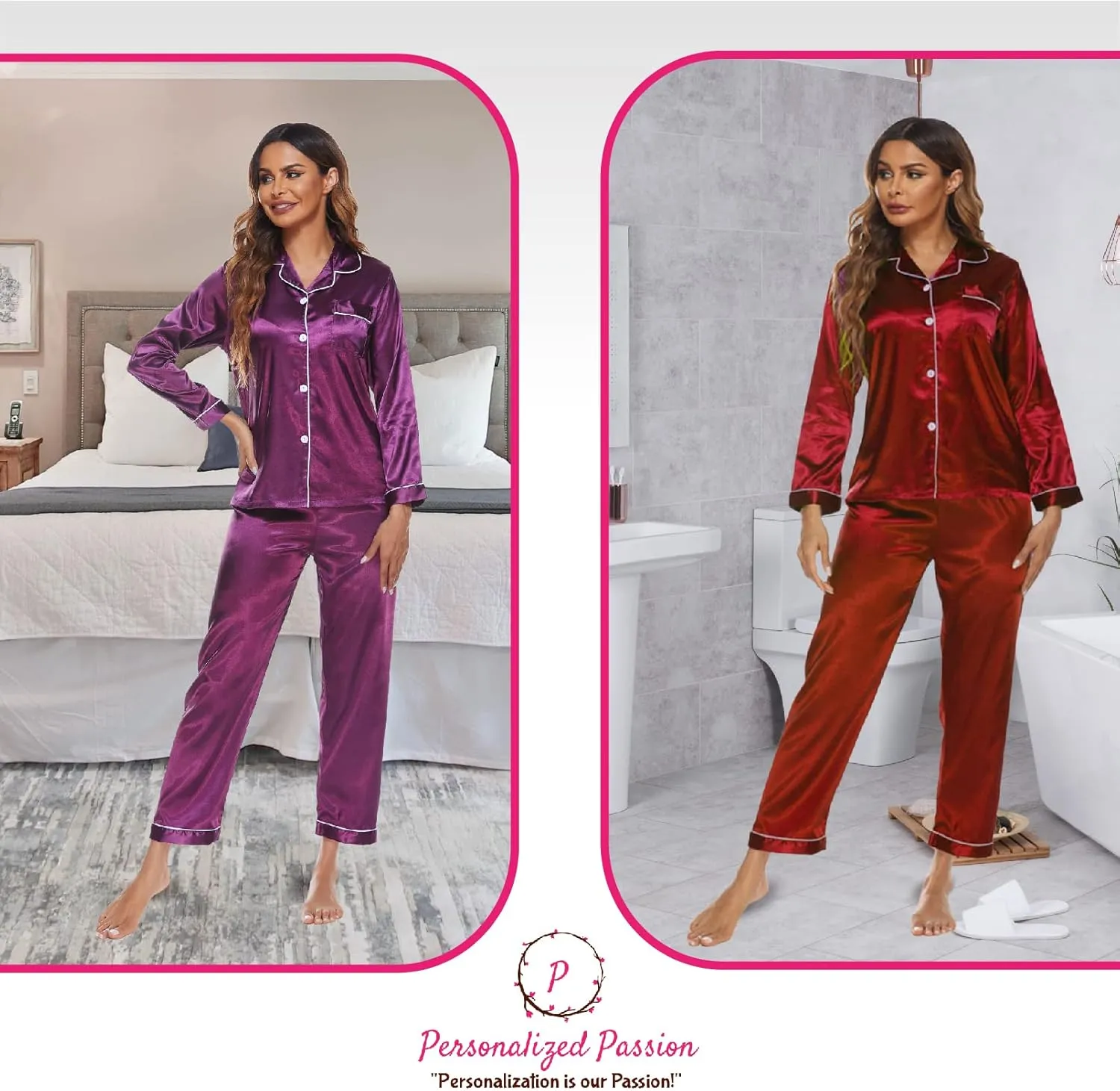 Personalized Silk Satin Pajama Set for Women - Add Your Name on Front and Back - Long Sleeve Sleepwear Pajamas for Girls