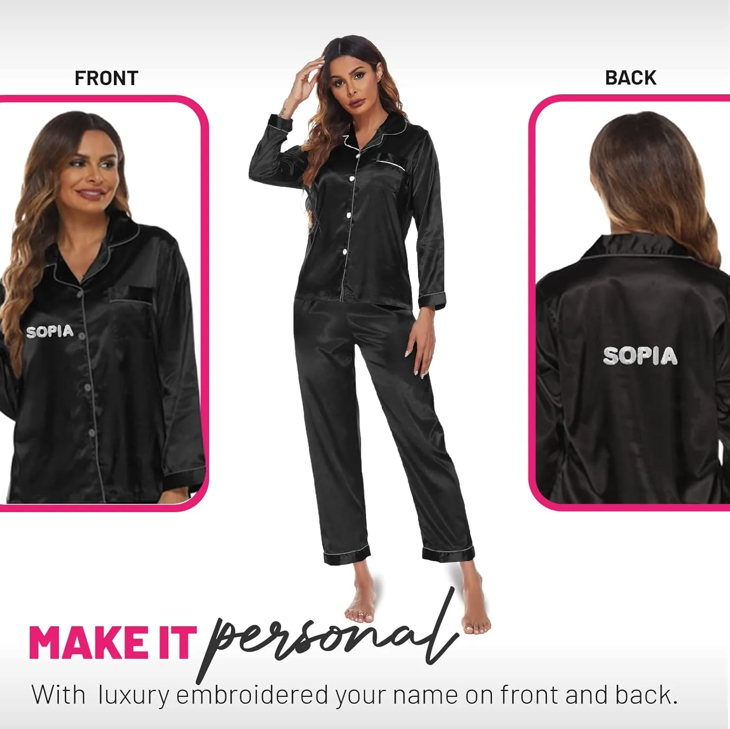 Personalized Silk Satin Pajama Set for Women - Add Your Name on Front and Back - Long Sleeve Sleepwear Pajamas for Girls