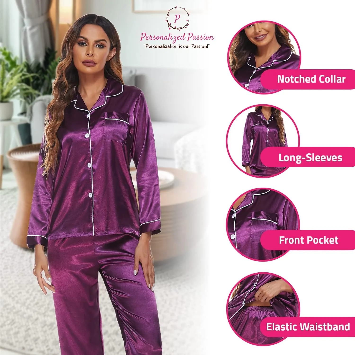 Personalized Silk Satin Pajama Set for Women - Add Your Name on Front and Back - Long Sleeve Sleepwear Pajamas for Girls