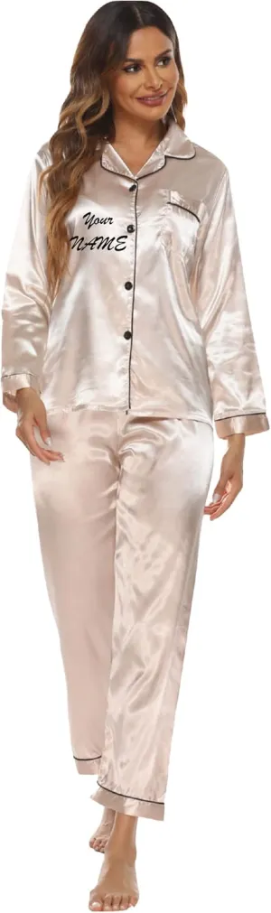Personalized Silk Satin Pajama Set for Women - Add Your Name on Front and Back - Long Sleeve Sleepwear Pajamas for Girls