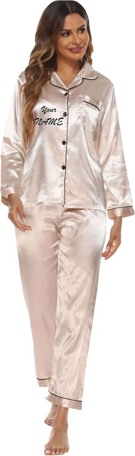 Personalized Silk Satin Pajama Set for Women - Add Your Name on Front and Back - Long Sleeve Sleepwear Pajamas for Girls