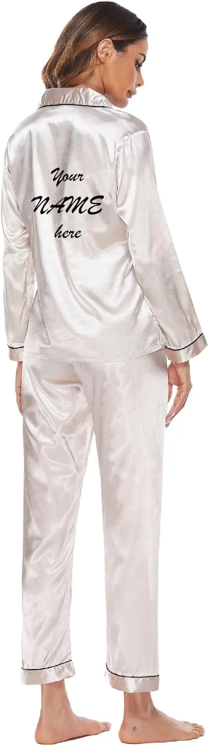 Personalized Silk Satin Pajama Set for Women - Add Your Name on Front and Back - Long Sleeve Sleepwear Pajamas for Girls
