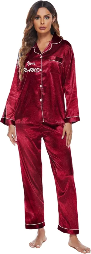 Personalized Silk Satin Pajama Set for Women - Add Your Name on Front and Back - Long Sleeve Sleepwear Pajamas for Girls