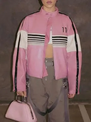 Pink Stripe Spliced Zip-Up PU Leather Jacket