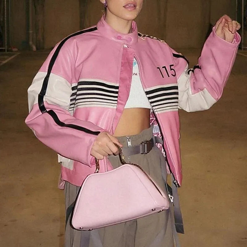 Pink Stripe Spliced Zip-Up PU Leather Jacket