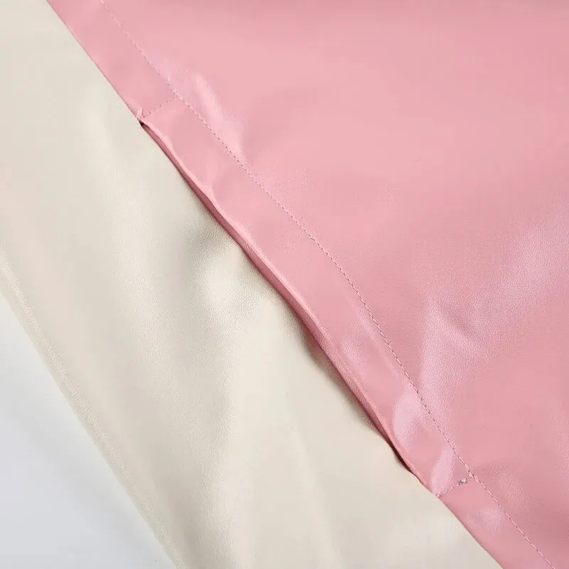 Pink Stripe Spliced Zip-Up PU Leather Jacket