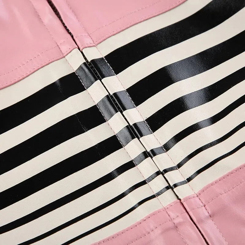 Pink Stripe Spliced Zip-Up PU Leather Jacket