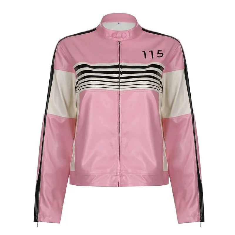 Pink Stripe Spliced Zip-Up PU Leather Jacket