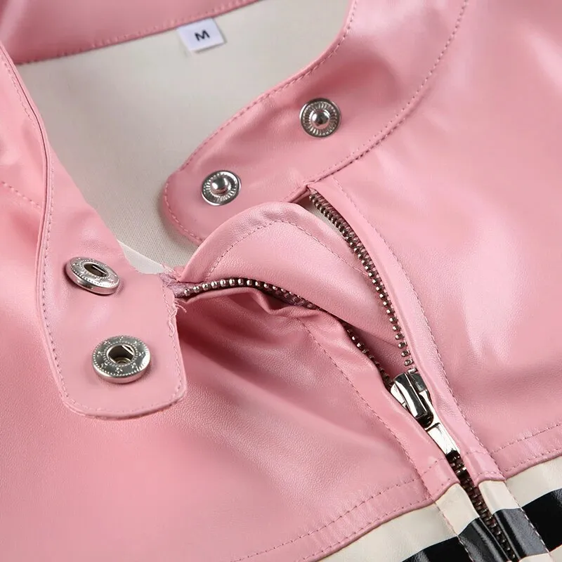 Pink Stripe Spliced Zip-Up PU Leather Jacket