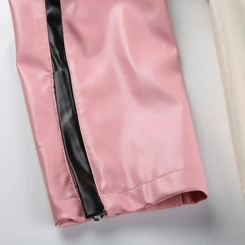 Pink Stripe Spliced Zip-Up PU Leather Jacket