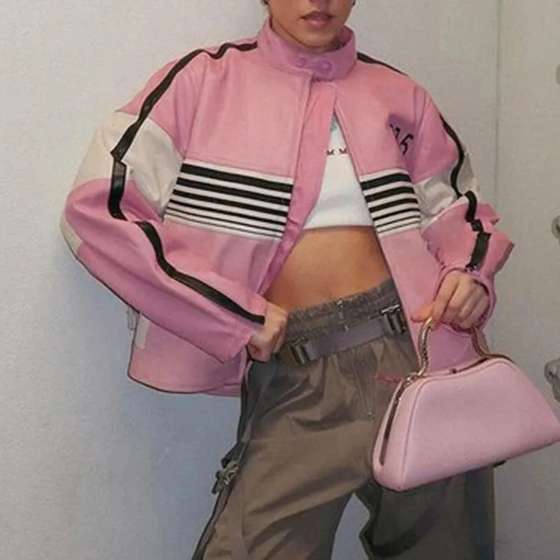 Pink Stripe Spliced Zip-Up PU Leather Jacket