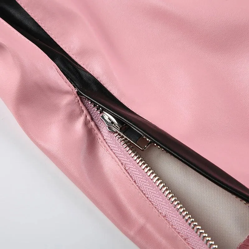Pink Stripe Spliced Zip-Up PU Leather Jacket