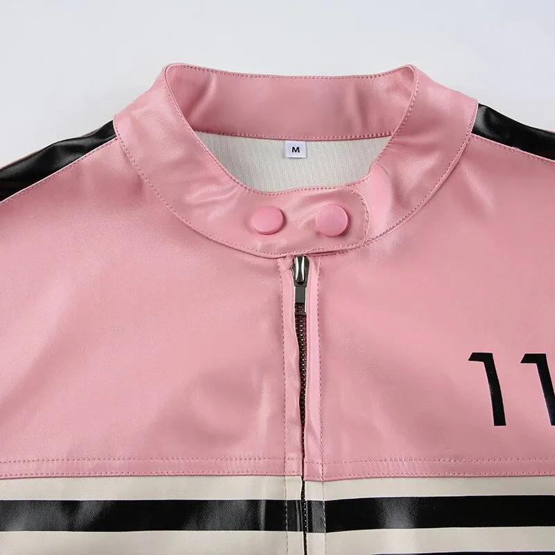 Pink Stripe Spliced Zip-Up PU Leather Jacket