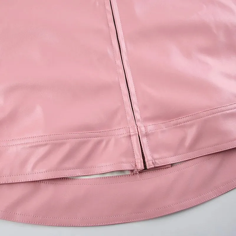 Pink Stripe Spliced Zip-Up PU Leather Jacket