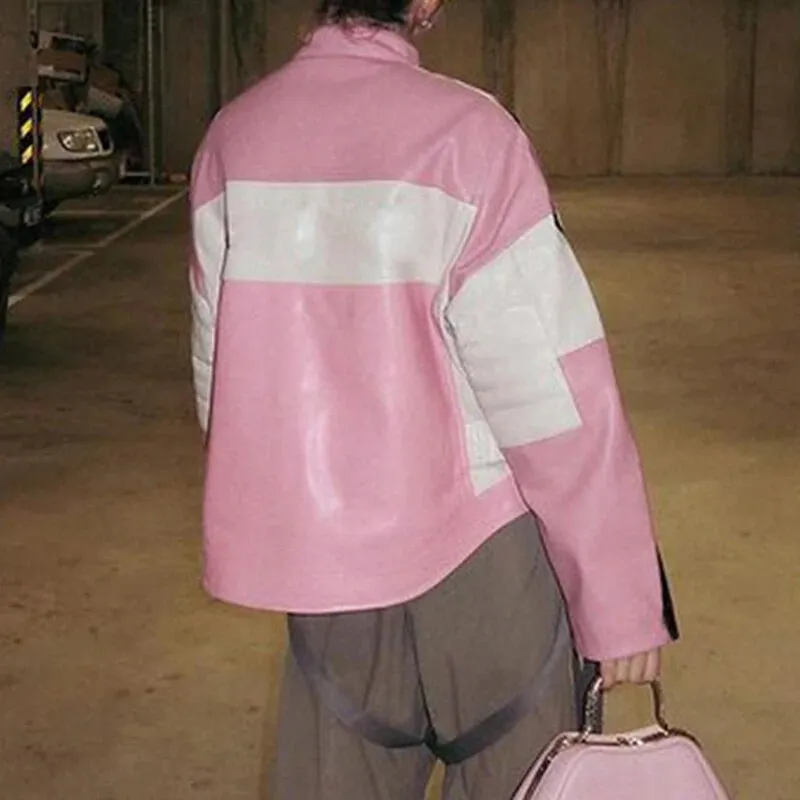 Pink Stripe Spliced Zip-Up PU Leather Jacket
