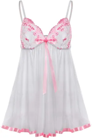 Plus Size Lingerie for Women Sheer Mesh Lace Nightdress See Through Sleepwear with Bow Knot Strap Chemise Teddy Pink