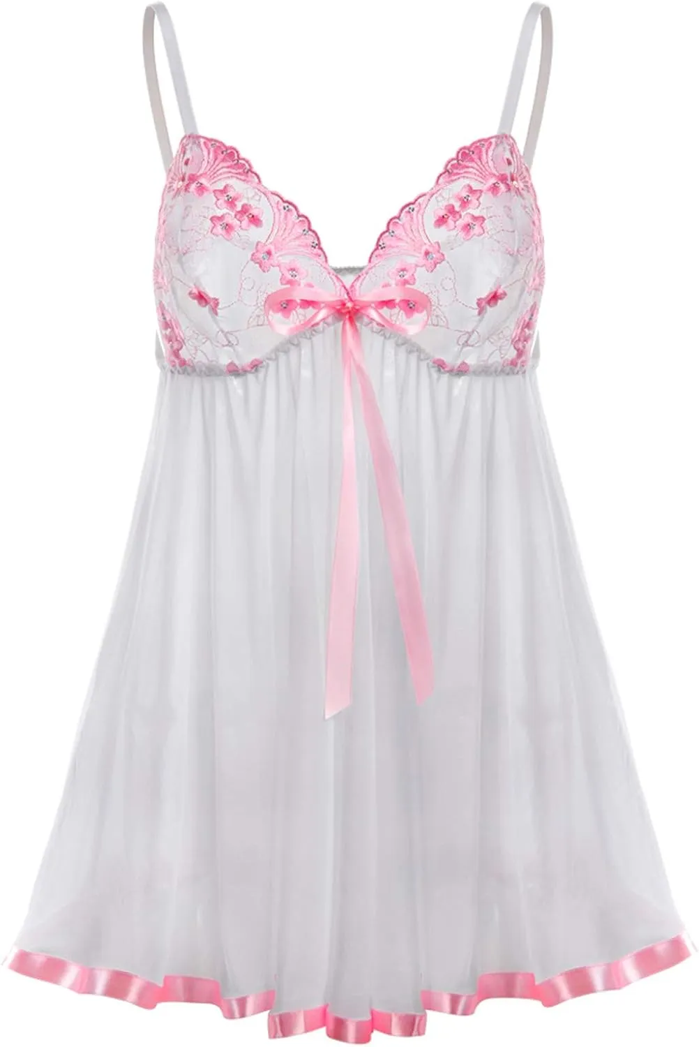 Plus Size Lingerie for Women Sheer Mesh Lace Nightdress See Through Sleepwear with Bow Knot Strap Chemise Teddy Pink