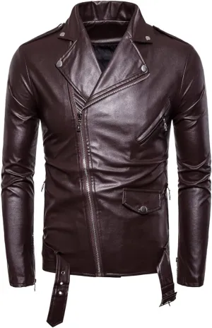 Premium Mens Burgundy Biker Genuine Sheepskin Lapel Collar Asymmetric Moto Rider Slim Fit Leather Jacket