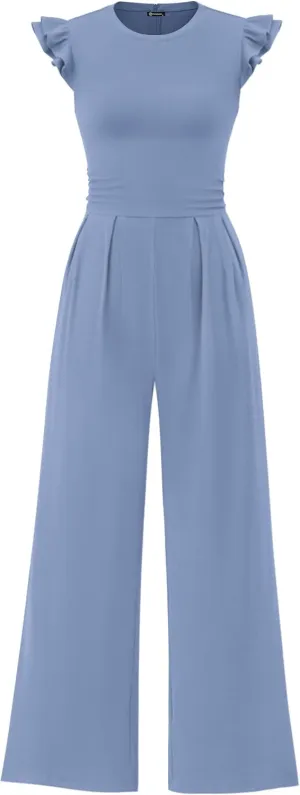 PRETTYGARDEN Summer Jumpsuits for Women Dressy 2025 Casual Ruffle Cap Sleeves Romper Crew Neck Rib Knit One Piece Outfits
