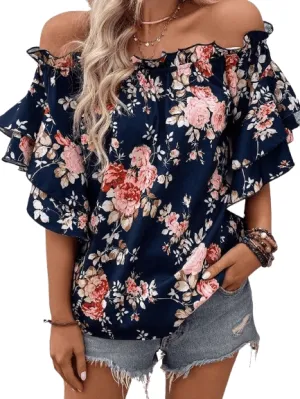 Printed Off-Shoulder Flounce Sleeve Blouse