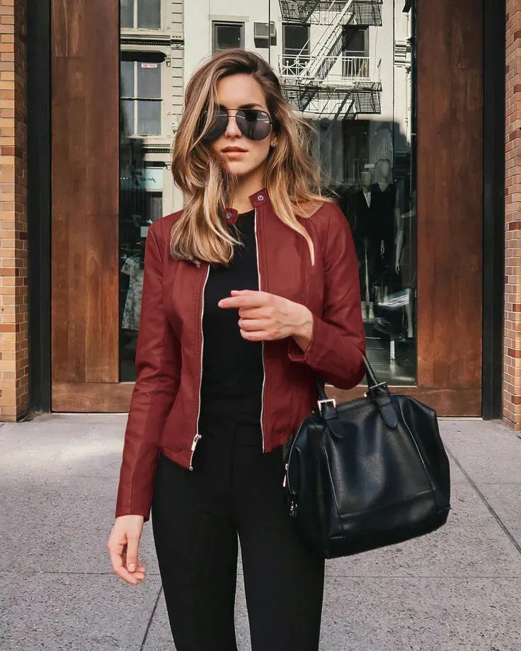 PU Solid Single Breasted Women's Overwear Leather Autumn Winter Jacket