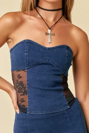"Midnight Train"  Denim & Lace Strapless Tube Top