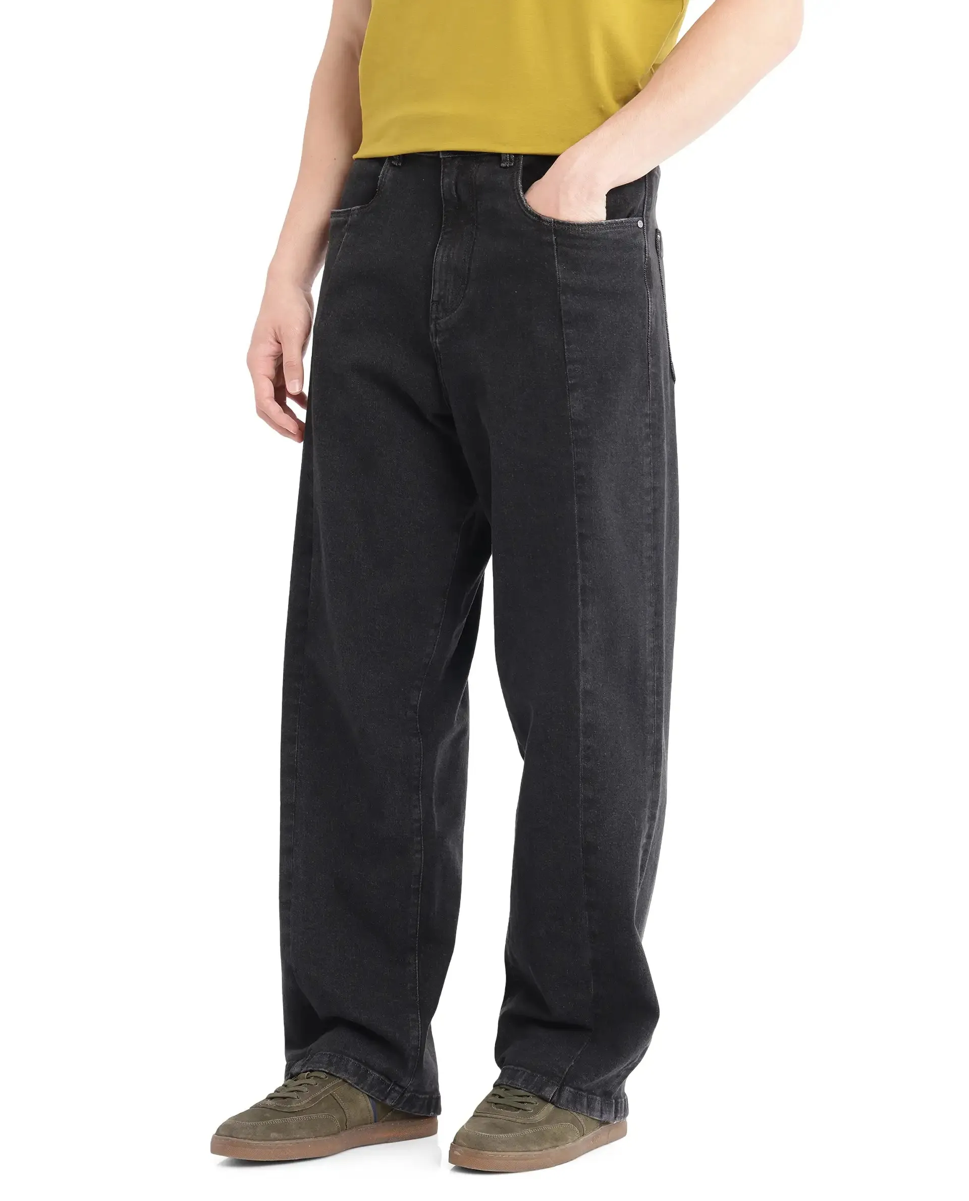 Rare Rabbit Men Janik Grey Cotton Spandex Fabric Mid Wash Button and Zip Closure Baggy Fit Pintuck Detail Plain Denim Pant