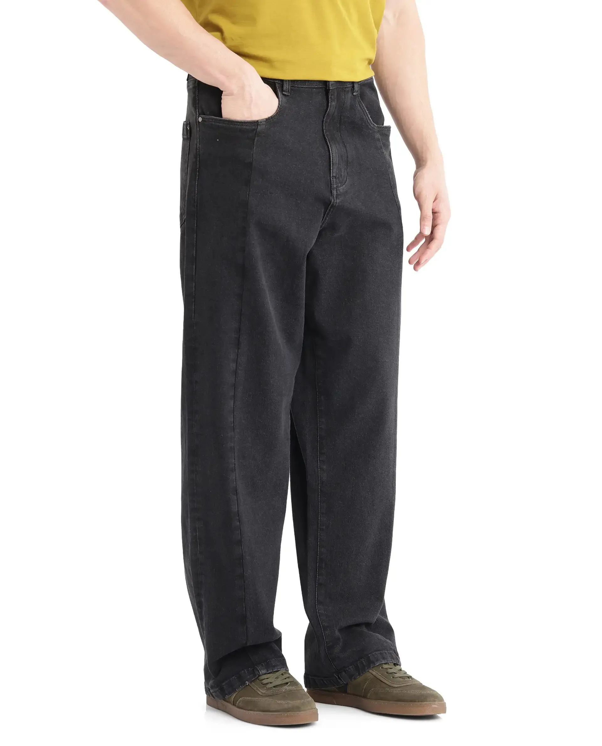 Rare Rabbit Men Janik Grey Cotton Spandex Fabric Mid Wash Button and Zip Closure Baggy Fit Pintuck Detail Plain Denim Pant