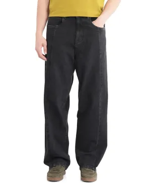 Rare Rabbit Men Janik Grey Cotton Spandex Fabric Mid Wash Button and Zip Closure Baggy Fit Pintuck Detail Plain Denim Pant