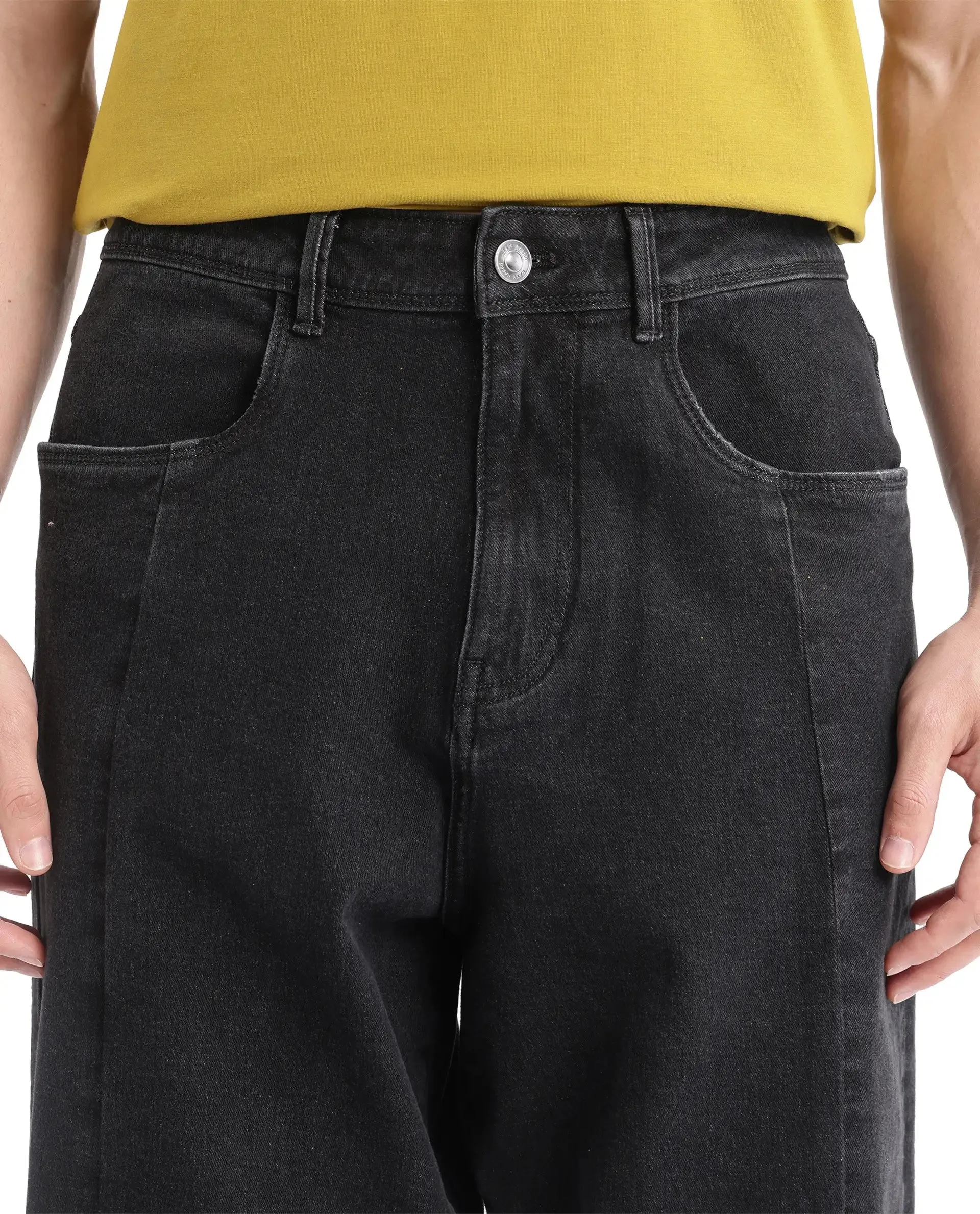 Rare Rabbit Men Janik Grey Cotton Spandex Fabric Mid Wash Button and Zip Closure Baggy Fit Pintuck Detail Plain Denim Pant