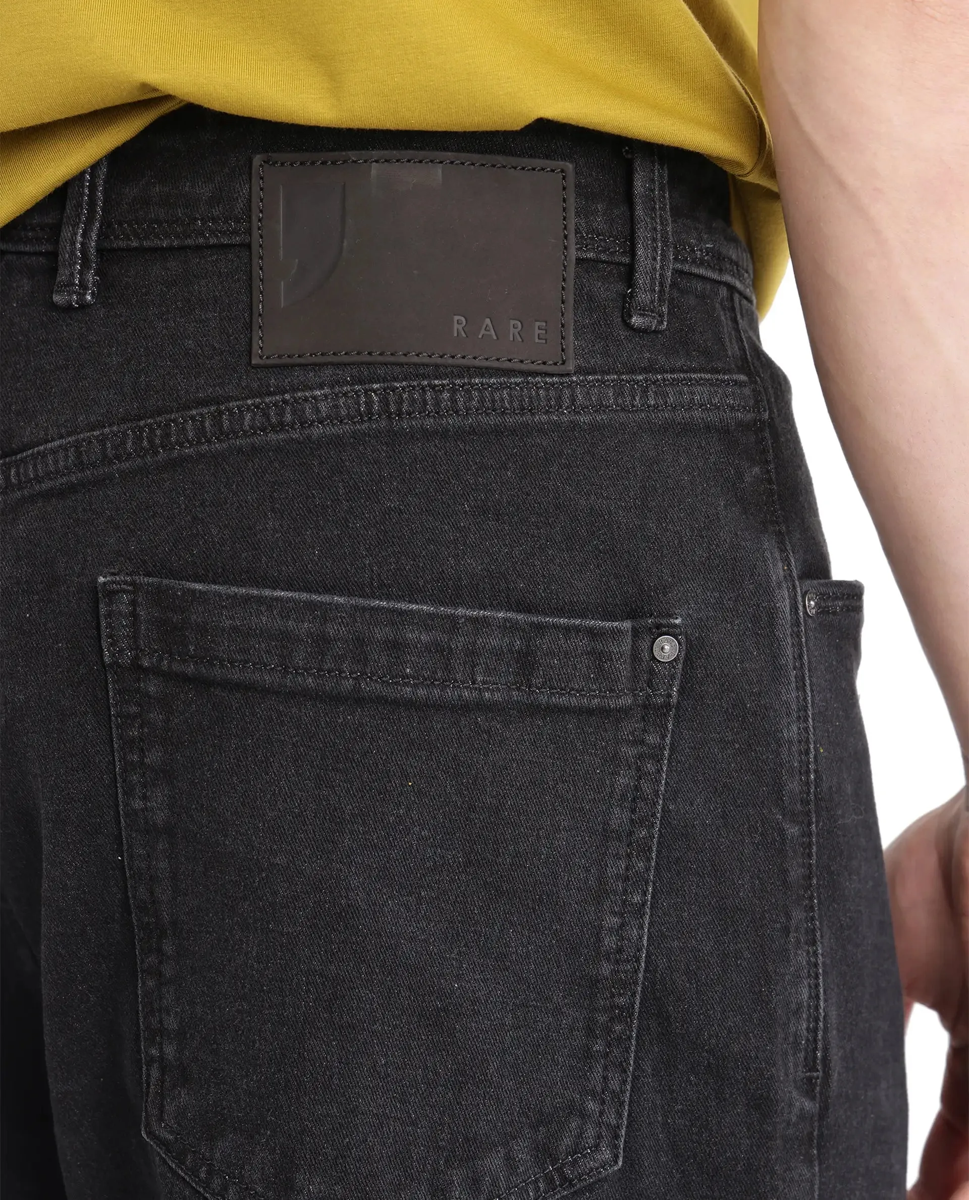 Rare Rabbit Men Janik Grey Cotton Spandex Fabric Mid Wash Button and Zip Closure Baggy Fit Pintuck Detail Plain Denim Pant