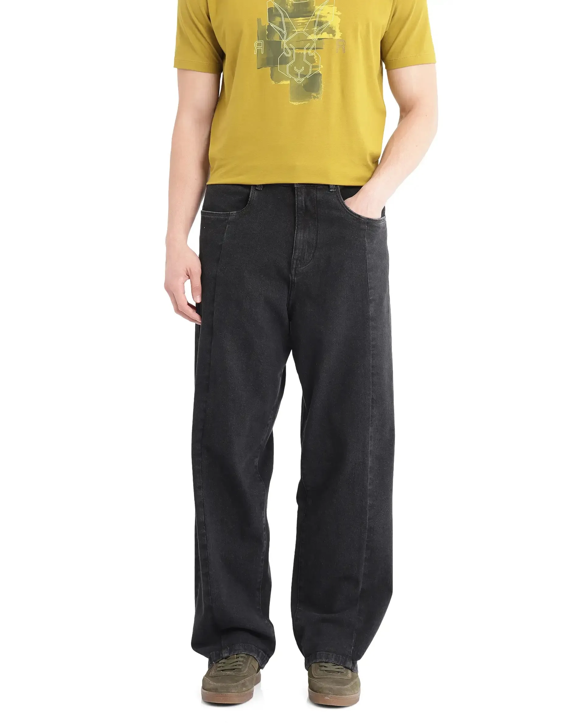 Rare Rabbit Men Janik Grey Cotton Spandex Fabric Mid Wash Button and Zip Closure Baggy Fit Pintuck Detail Plain Denim Pant