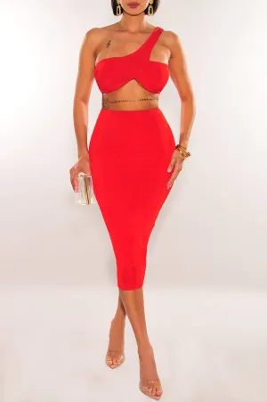 Red Ribbed Shimmery One Shoulder Ruched Back Skirt Two Piece Set