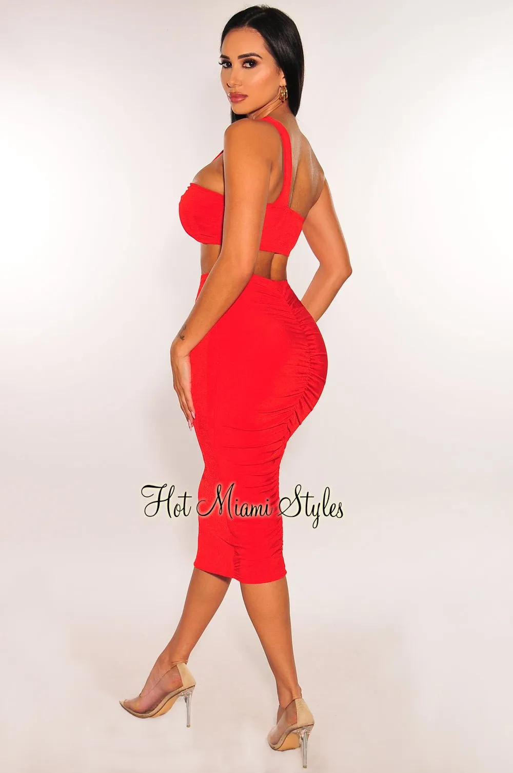 Red Ribbed Shimmery One Shoulder Ruched Back Skirt Two Piece Set