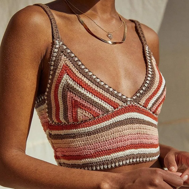 Retro Striped Knitted Halter Crop Tops Spaghetti Straps