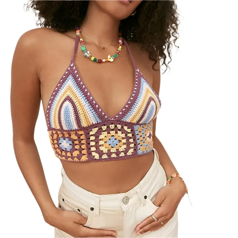 Retro Striped Knitted Halter Crop Tops Spaghetti Straps