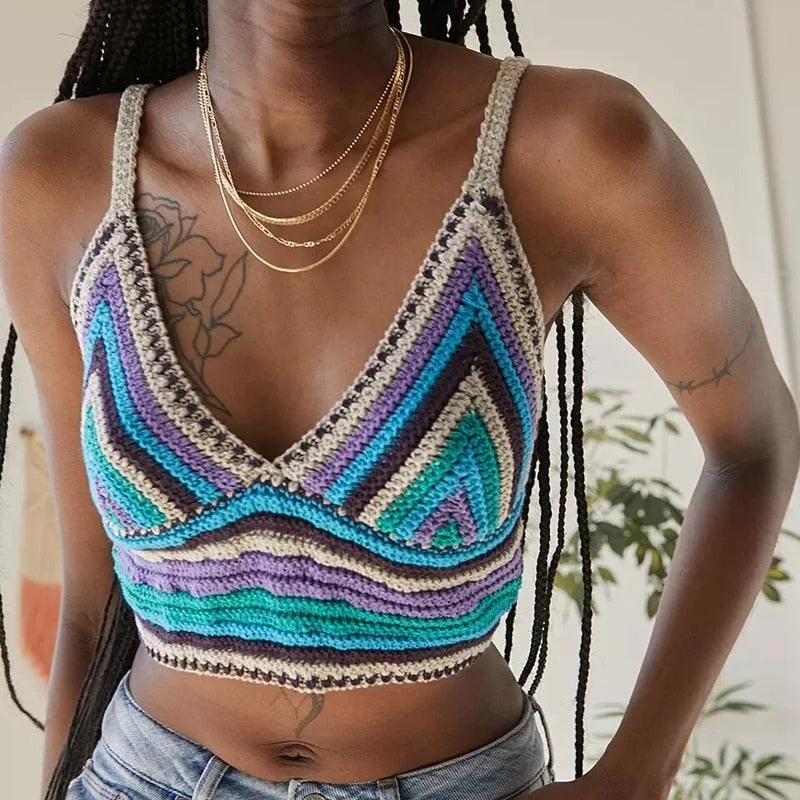 Retro Striped Knitted Halter Crop Tops Spaghetti Straps