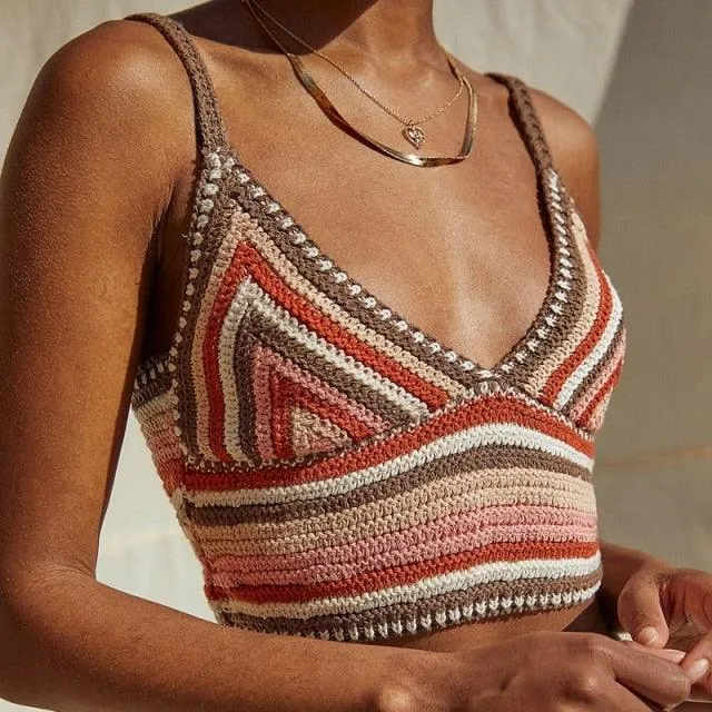 Retro Striped Knitted Halter Crop Tops Spaghetti Straps